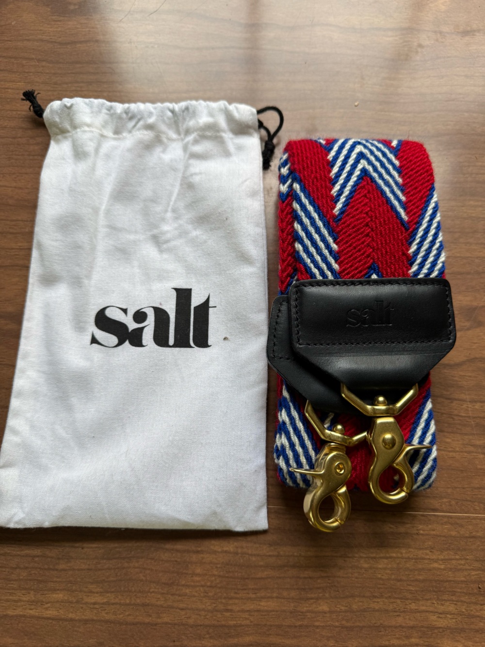 Red, Blue & White Woven Shoulder Strap with Black Leather Accents